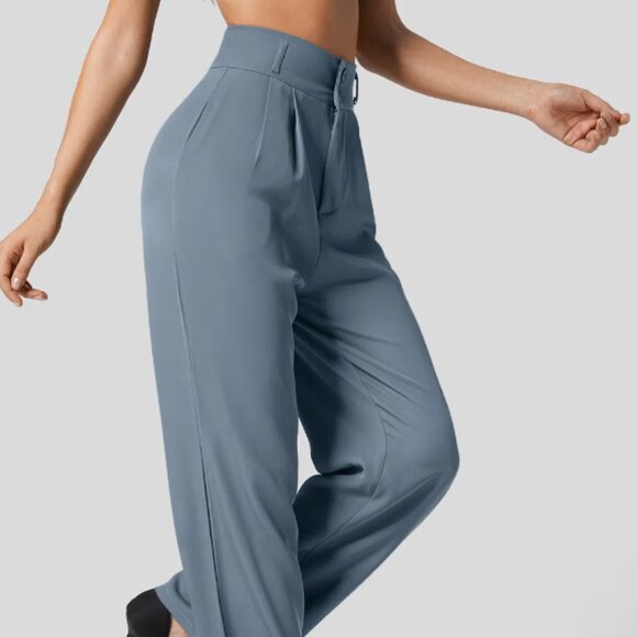 US-L,  High Waisted Shirred Back Side Pocket Plicated, Strt Leg Suit Pant - Blue - Picture 2 of 6